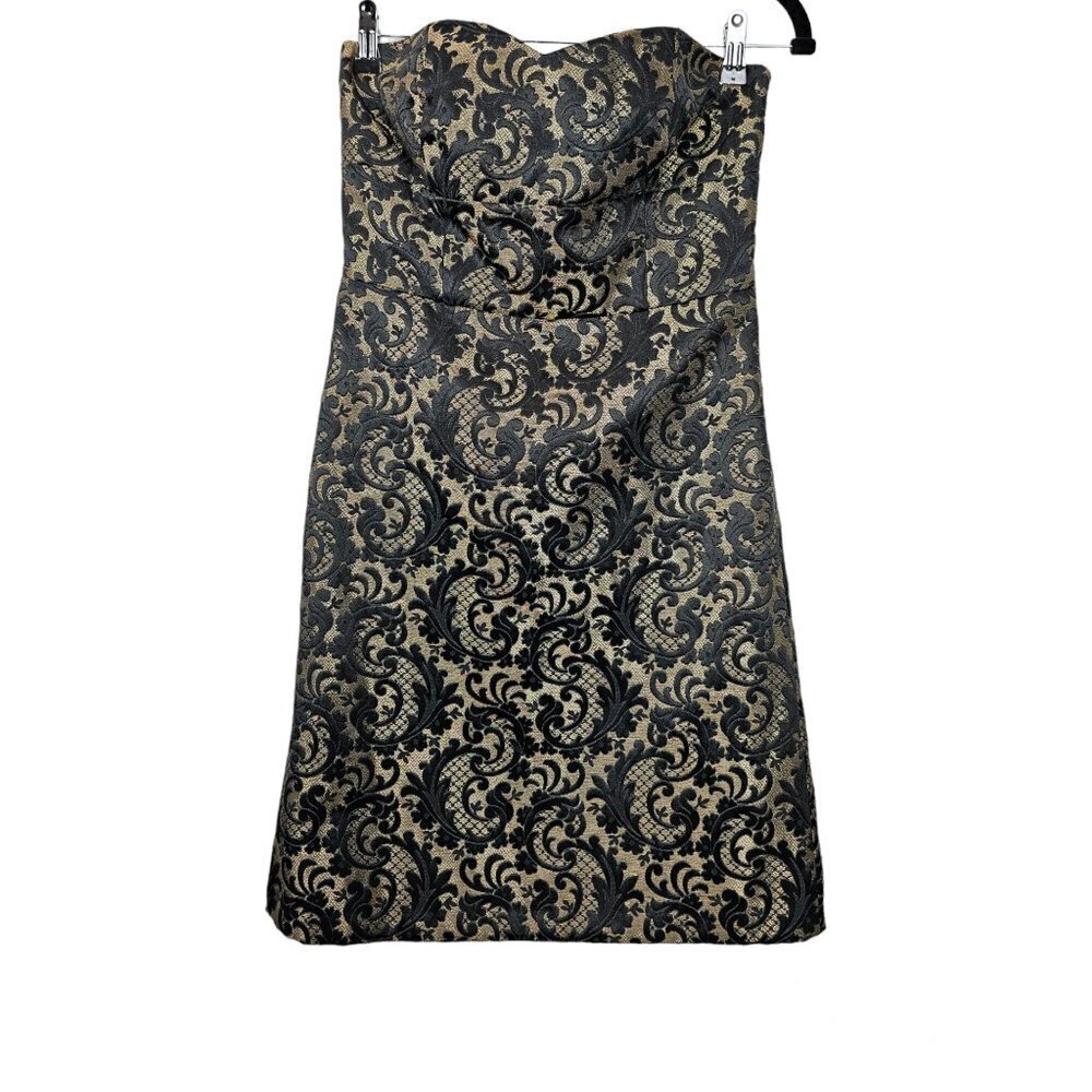 ❤️393 ANN TAYLOR LOFT Strapless DRESS Black & GOLD Brocade Empire Waist